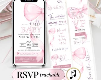 Pink Bow Baby Shower Invitation Editable Template for Girl Digital Baby Shower Website Party Coquette Invite RSVP Evite Instant Download