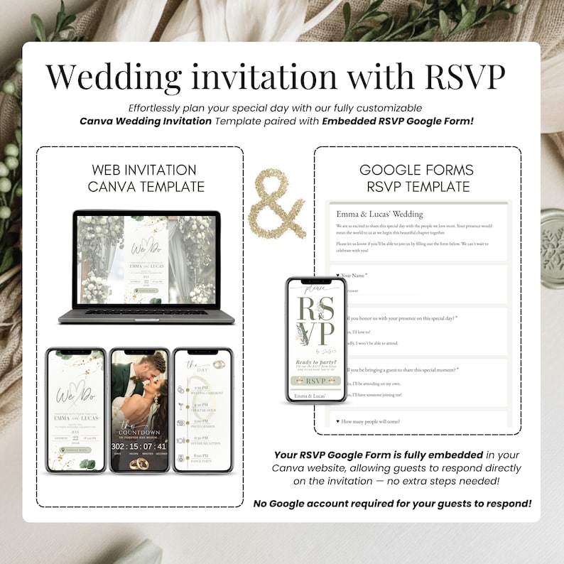 Sage green digital wedding invitation with RSVP link and music, animated Canva template for online wedding website, modern editable e invite with countdown timer, Google Forms RSVP, elegant greenery wedding website, mobile and desktop display, digital save the date template, minimalist botanical wedding invite, customizable template for couples planning a stylish eco-friendly wedding.