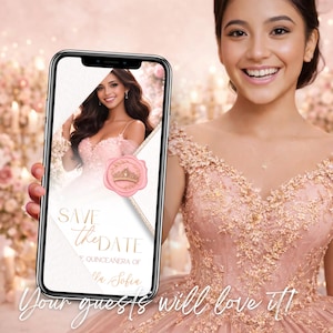 Quinceañera video invitation pink blush princess dress and elegant gold details, mobile invitation preview with smiling girl, luxury digital Sweet 16 invite Canva template, romantic floral background, modern video invitation design