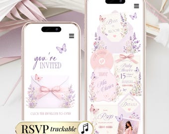 May include: Two smartphones displaying digital baby shower invitations with lavender floral accents, butterflies, and pink envelopes. The screens feature text including "you're invited," "Baby in Bloom," "Baby Shower," "Mia & Olivier," "RSVP," and "RSVP trackable."
