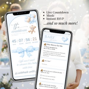 Live countdown and RSVP tracking shown on Heaven Sent baby shower website invitation. Blue baby shower digital invite for boy with teddy bear theme, editable Canva template.