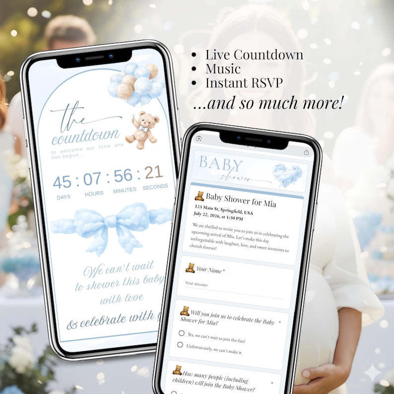 Live countdown and RSVP tracking shown on Heaven Sent baby shower website invitation. Blue baby shower digital invite for boy with teddy bear theme, editable Canva template.