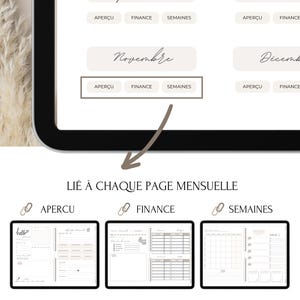 May include: A digital tablet screen displaying a calendar planner app with tabs for "Aper&ccedil;u", "Finance", and "Semaines". The calendar is for November and December. The text "LI&Eacute; &Agrave; CHAQUE PAGE MENSUELLE" is displayed below the calendar. Three smaller images show different views of the calendar app, labeled "Aper&ccedil;u", "Finance", and "Semaines".
