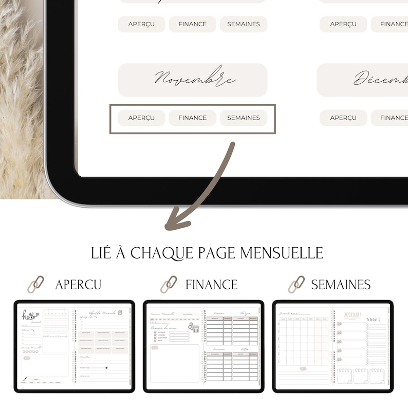 May include: A digital tablet screen displaying a calendar planner app with tabs for "Aper&ccedil;u", "Finance", and "Semaines". The calendar is for November and December. The text "LI&Eacute; &Agrave; CHAQUE PAGE MENSUELLE" is displayed below the calendar. Three smaller images show different views of the calendar app, labeled "Aper&ccedil;u", "Finance", and "Semaines".
