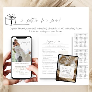Wedding Invitation Canva Bundle with bonus gifts including digital thank you card, printable wedding checklist, and wedding icons. Editable wedding video invitation template with elegant ivory and champagne gold aesthetic.