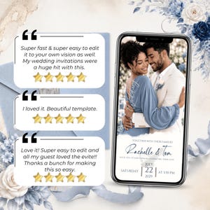 Editable Dusty Blue Wedding Invitation Video loved by customers. Canva MP4 wedding invitation with animated envelope, elegant blue floral design, customizable text, photos, music and wedding details.
