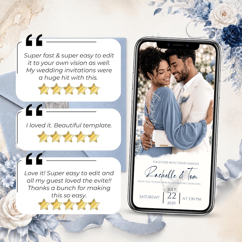 Editable Dusty Blue Wedding Invitation Video loved by customers. Canva MP4 wedding invitation with animated envelope, elegant blue floral design, customizable text, photos, music and wedding details.