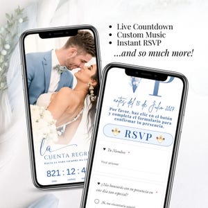 Dusty blue and white floral boda digital invitation, invitación de boda con RSVP online, Spanish wedding website template editable en Canva con flores azules, música personalizada y diseño elegante