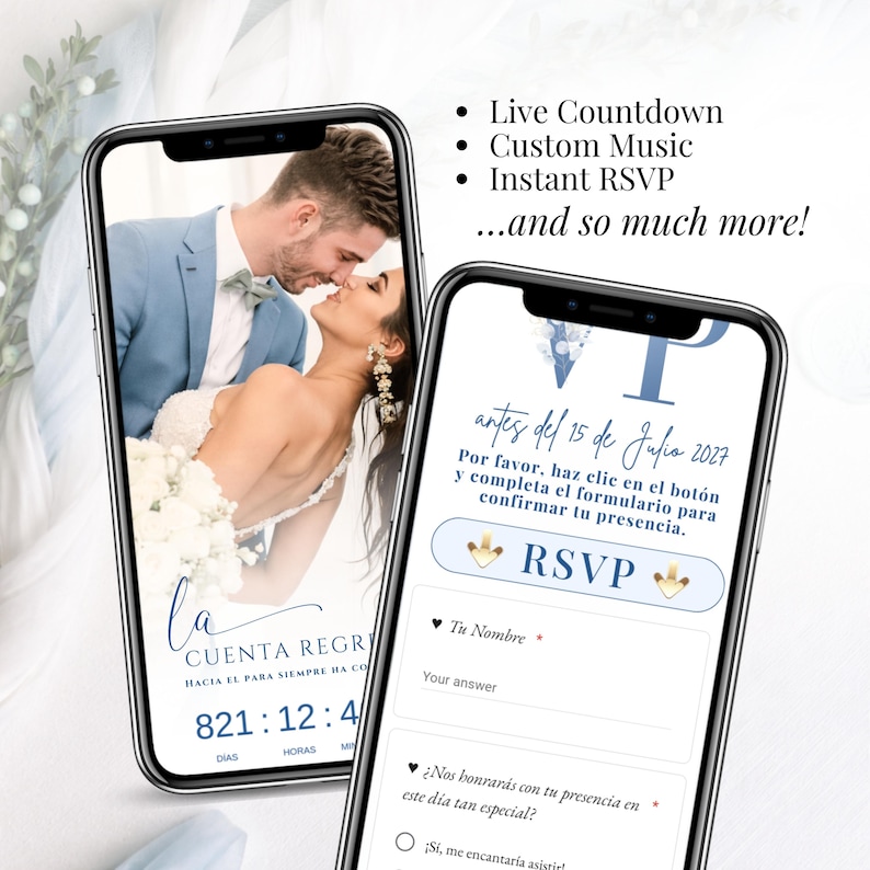 Dusty blue and white floral boda digital invitation, invitación de boda con RSVP online, Spanish wedding website template editable en Canva con flores azules, música personalizada y diseño elegante