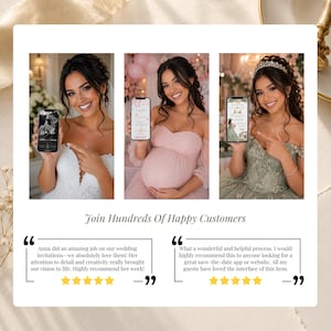 Happy customer testimonials for digital invitation editing services featuring wedding invitations, baby shower invitations and Quinceañera invitations with five-star reviews and customer photos.
