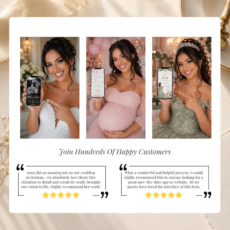 Happy customer testimonials for digital invitation editing services featuring wedding invitations, baby shower invitations and Quinceañera invitations with five-star reviews and customer photos.