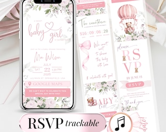 Editable Baby Shower Invitation Girl Template with Pink Bow Floral Bear Design, Digital Coquette Party Website RSVP Instant Download Invite