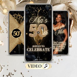 Puede incluir: Tres smartphones que muestran un tema de celebración del 50 cumpleaños. El teléfono central muestra "Mia's 50th" con una copa de champán. Los otros teléfonos presentan diseños dorados y negros y el texto "Join us to Celebrate".