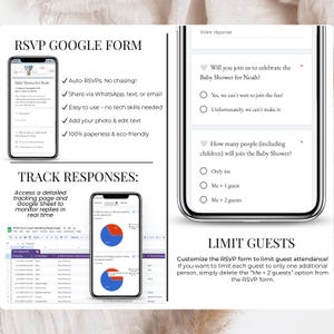 RSVP Google Form for Baby Shower – Track guest responses in real time with Google Sheets – Limit guests per invite – Auto-RSVP with no chasing – Easy to share via WhatsApp, email or text – Customizable questions, editable photo and text – Eco-friendly and paperless RSVP solution for baby boy shower – View charts and response lists easily.
