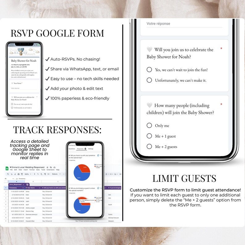 RSVP Google Form for Baby Shower – Track guest responses in real time with Google Sheets – Limit guests per invite – Auto-RSVP with no chasing – Easy to share via WhatsApp, email or text – Customizable questions, editable photo and text – Eco-friendly and paperless RSVP solution for baby boy shower – View charts and response lists easily.