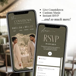 Wedding RSVP mobile invitation with countdown timer, digital save the date Canva template, green wedding website, custom music, instant RSVP form, elegant modern wedding invitation, editable mobile invite design
