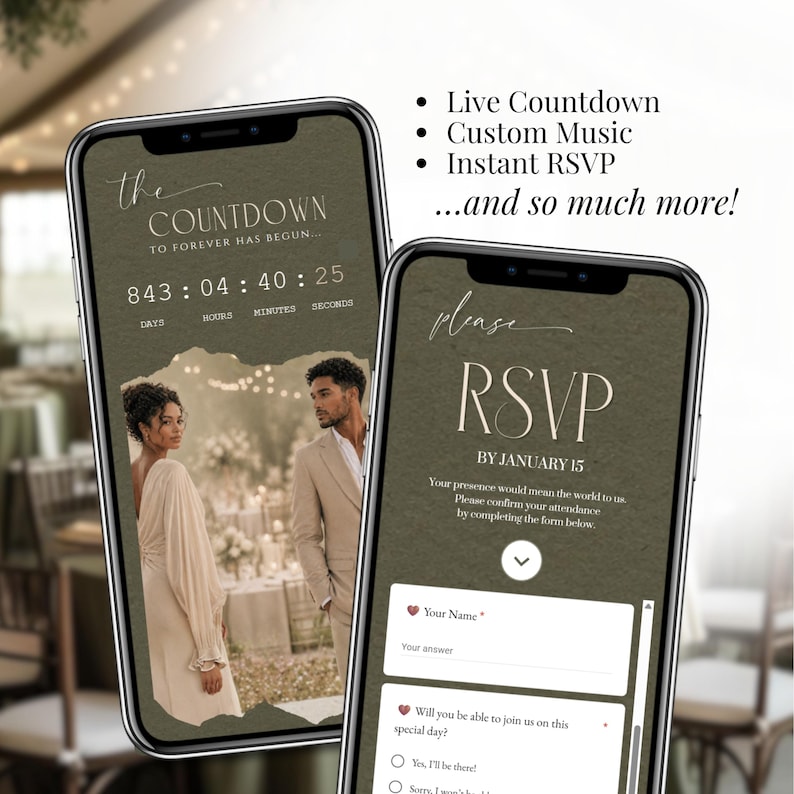 Wedding RSVP mobile invitation with countdown timer, digital save the date Canva template, green wedding website, custom music, instant RSVP form, elegant modern wedding invitation, editable mobile invite design