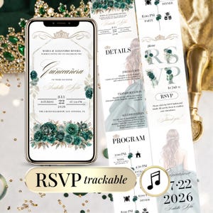 Digital Quinceanera Invitation RSVP Gold Template, Emerald Green Floral Editable Sweet 15 Birthday Online Invite Rsvp Card, Instant Download
