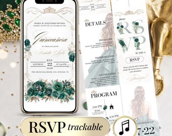 Smaragdgroene bloemenprint uitnodiging voor een Quinceañera, RSVP-website (digitale download)