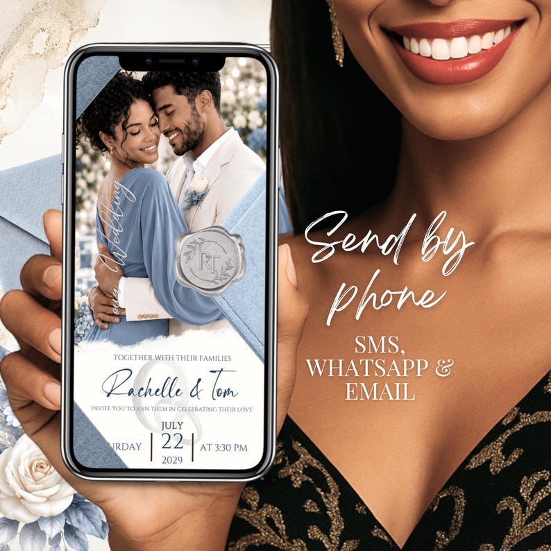 Send your Dusty Blue Wedding Invitation instantly by SMS, WhatsApp or email. Editable Canva MP4 wedding video invitation with animated envelope, blue florals, silver wax seal and customizable wedding details.