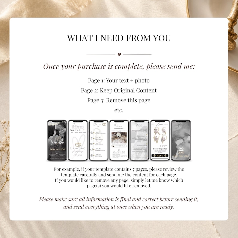 Instructions for submitting invitation content for editing. Send page-by-page text, photos, videos and music for your Canva wedding, birthday or baby shower invitation template.