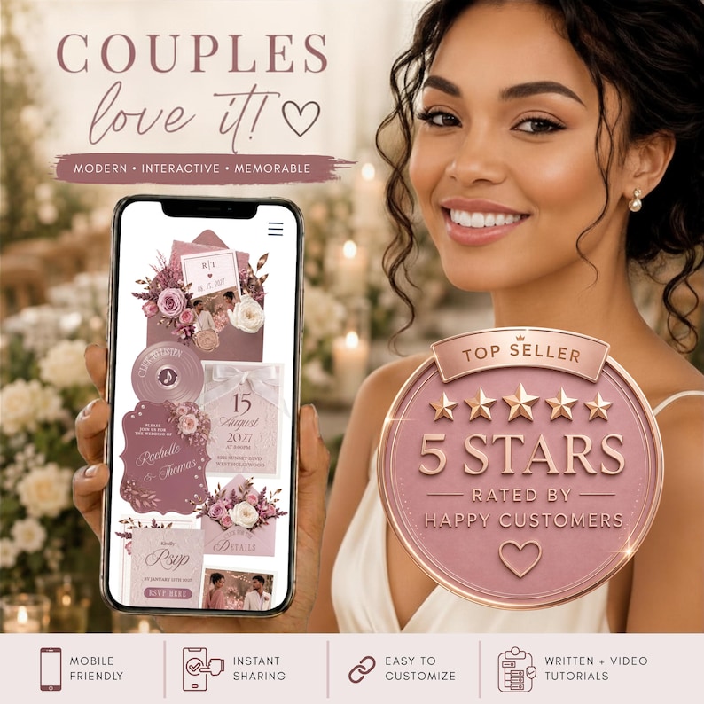 Bride holding a blush pink interactive wedding RSVP website invitation displayed on mobile phone, editable Canva wedding invitation template with instant sharing, mobile-friendly design and premium wedding website features