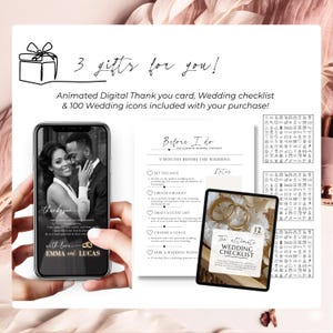 3 wedding bonuses included: animated digital thank you card, wedding checklist and 100 icons, editable Canva bundle for planners and couples, blush design.