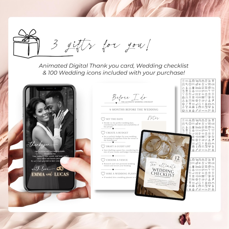 3 wedding bonuses included: animated digital thank you card, wedding checklist and 100 icons, editable Canva bundle for planners and couples, blush design.