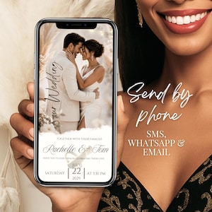 Modern Wedding Video Invitation displayed on smartphone, editable Canva wedding invite with music, digital wedding card, mobile wedding invitation, share by SMS, WhatsApp, email, elegant ivory and champagne wedding theme.