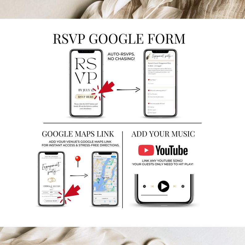 Track RSVP responses for engagement party using Google Form dashboard, editable RSVP questions and attendance tracking linked to Canva digital invitation.