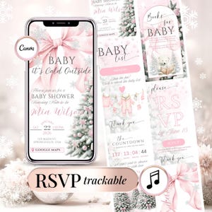 Winter Wonderland Baby Shower Invitation – Pink Bow, Editable Canva Template