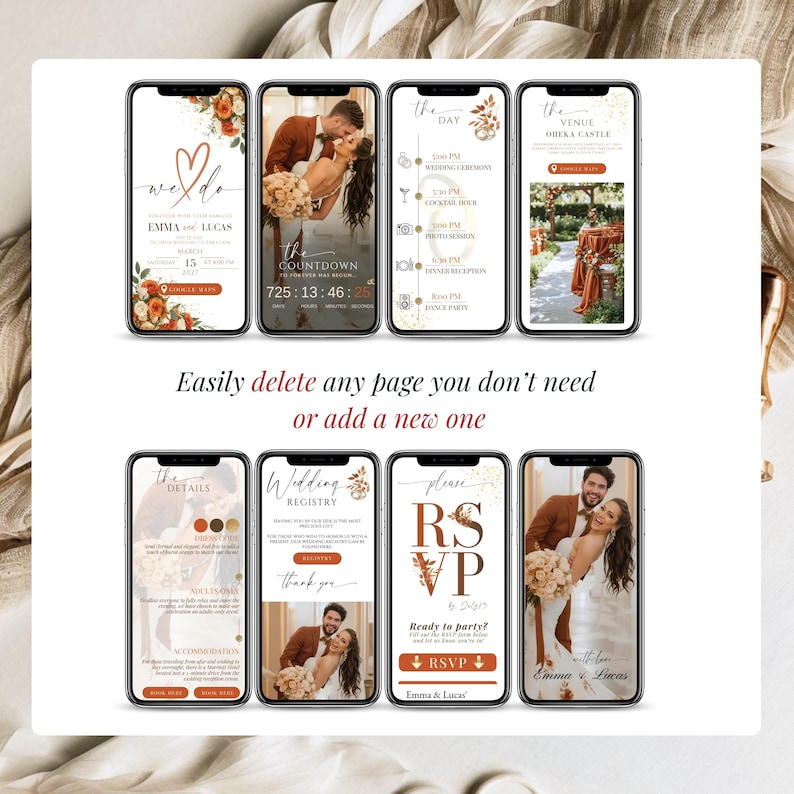 Wedding website features including RSVP Google Form, wedding registry, Google Maps location, and music integration shown on mobile screens.