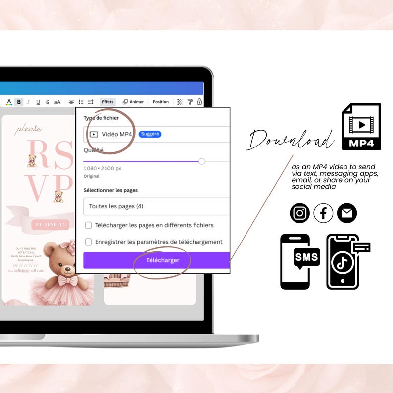 Download baby shower video invitation as MP4 from Canva, ready to share via SMS, Instagram, email, or TikTok; pink RSVP teddy bear design shown on laptop screen; digital file for mobile use and easy sharing
