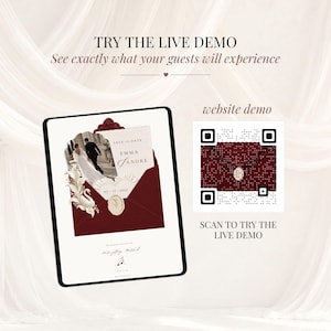 Burgundy wedding Save the Date website displayed on a tablet beside a custom QR code for the live demo. Interactive Canva wedding website with burgundy envelope, ivory wax seal and romantic lace details.