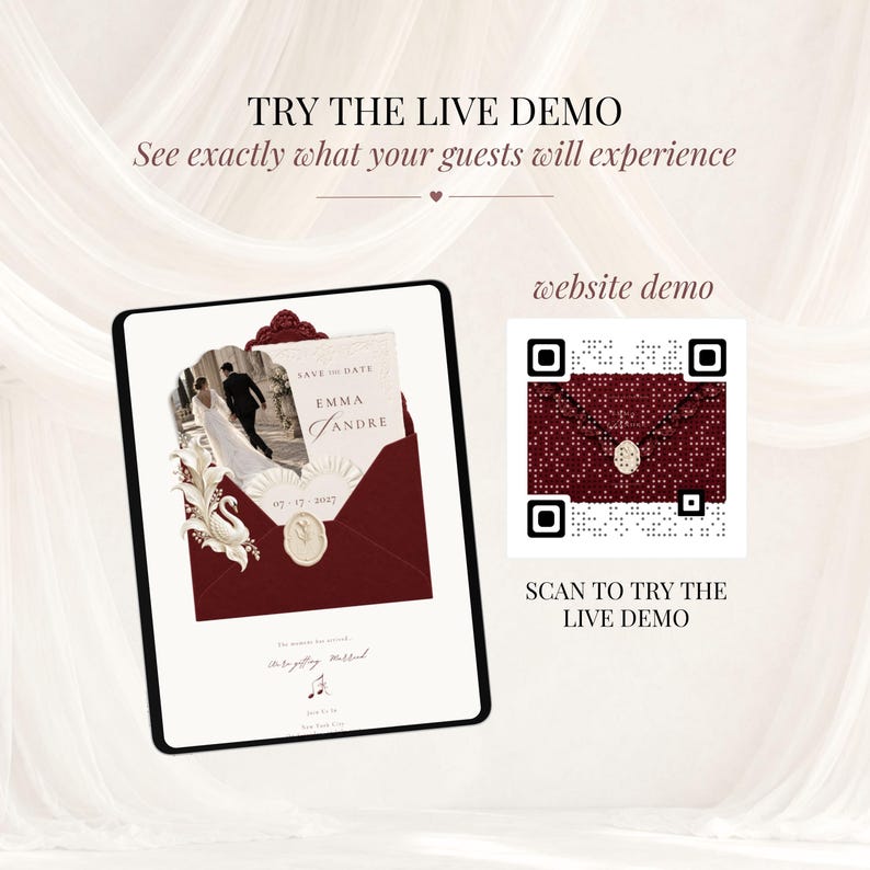 Burgundy wedding Save the Date website displayed on a tablet beside a custom QR code for the live demo. Interactive Canva wedding website with burgundy envelope, ivory wax seal and romantic lace details.
