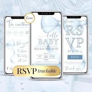 Invito per baby shower "Coquette Blue Bow", annuncio per baby shower "Blue Boy", invito digitale modificabile su Canva e link RSVP online