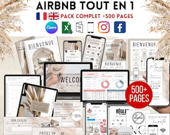 Pack Livret d'Accueil Airbnb Francais Anglais + 500 Pages Pack Complet Airbnb Template Canva Affiches Budget Googlesheet Inventaire Flyers