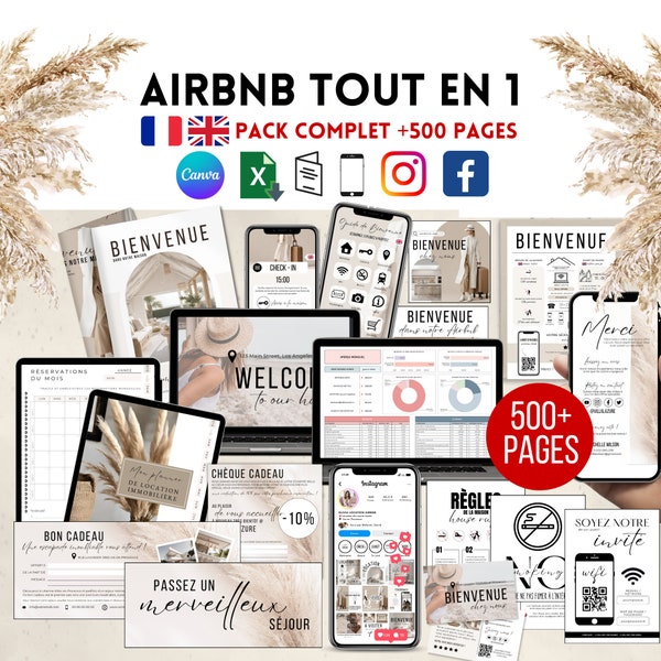 Pack Livret d'Accueil Airbnb Francais Anglais + 500 Pages Pack Complet Airbnb Template Canva Affiches Budget Googlesheet Inventaire Flyers