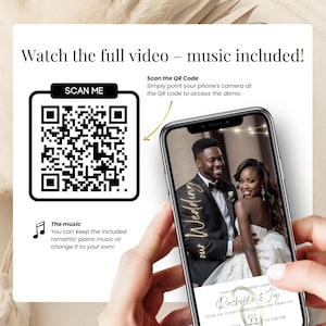 Hand holding a smartphone displaying an elegant animated wedding invitation with a stylish Black couple. Romantic video invitation template editable in Canva, featuring golden "Our Wedding" script and soft lights. Includes music. A QR code demo is shown for full video preview. Ideal for digital, modern, paperless weddings shared via WhatsApp or text.