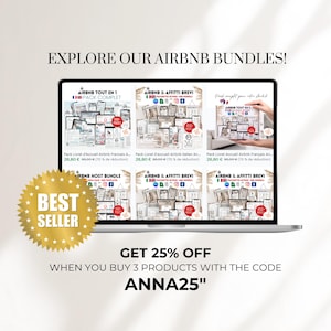 May include: A laptop screen displaying a variety of Airbnb bundle packages, including "Airbnb Tout En 1 Pack Complet", "Airbnb & Affitti Brevi", and "Airbnb Host Bundle". The text "Explore Our Airbnb Bundles!" is at the top of the screen. The text "Get 25% Off When You Buy 3 Products With The Code ANNA25" is at the bottom of the screen.