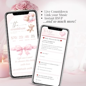 Baby shower invitation with live countdown and RSVP tracking, pink cloud teddy baby girl digital invite editable in Canva