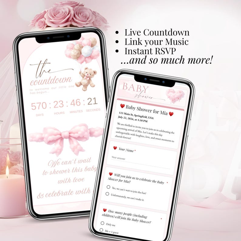 Baby shower invitation with live countdown and RSVP tracking, pink cloud teddy baby girl digital invite editable in Canva