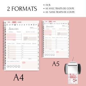 Planificateur de budget français élégant et pratique, incluant un agenda, suivi des dépenses et finances, non daté. Utilisation flexible en format imprimé ou digital, parfait pour organiser vos finances personnelles efficacement.