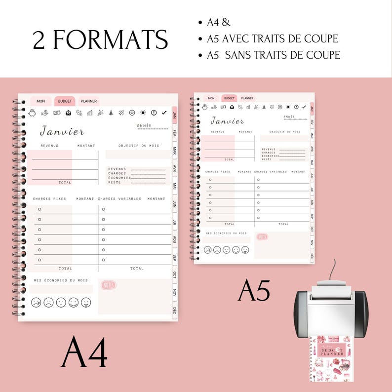 Planificateur de budget français élégant et pratique, incluant un agenda, suivi des dépenses et finances, non daté. Utilisation flexible en format imprimé ou digital, parfait pour organiser vos finances personnelles efficacement.