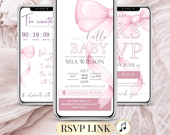 Coquette Baby Shower Invitation Template - Pink Bow Baby Girl Invite - Editable Digital Baby Shower with RSVP - Pink Ribbon Invite Baby Girl