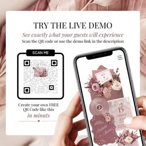 Live demo preview of blush pink interactive wedding website invitation with QR code, mobile RSVP wedding invitation template, clickable music and elegant digital wedding website experience