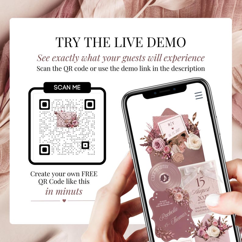 Live demo preview of blush pink interactive wedding website invitation with QR code, mobile RSVP wedding invitation template, clickable music and elegant digital wedding website experience