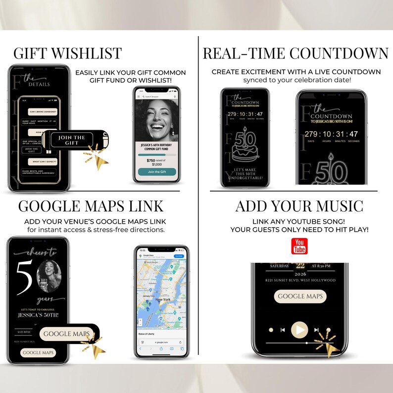 Digital birthday invitation for men and women, featuring a live countdown and an embedded RSVP form. The mobile invitation template also includes music and a modern design for a surprise party.