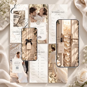 Pode incluir: Uma coleção de modelos de convites de casamento e displays digitais com papelaria cor de creme, tipografia elegante e fotos de um casal. Os designs incluem cartões RSVP com códigos QR, cronogramas de casamento e etiquetas de porta.