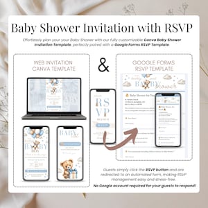 Baby Shower Invitation Template Boy Blue Teddy Bear theme with RSVP, digital mini website invitation and Google Form link. Editable Canva design + online RSVP, countdown, Google Maps, and event details. Blue balloons, soft neutral style, modern mobile baby shower invite for baby boy — “We Can Bearly Wait”. Perfect for text message email invitations and instant digital download.